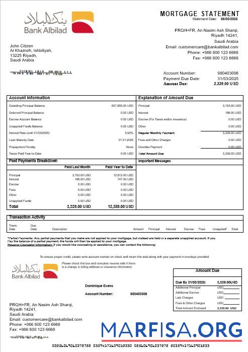 Blank Saudi Arabia Bank Albilad mortgage statement in Word and PDF formats real example